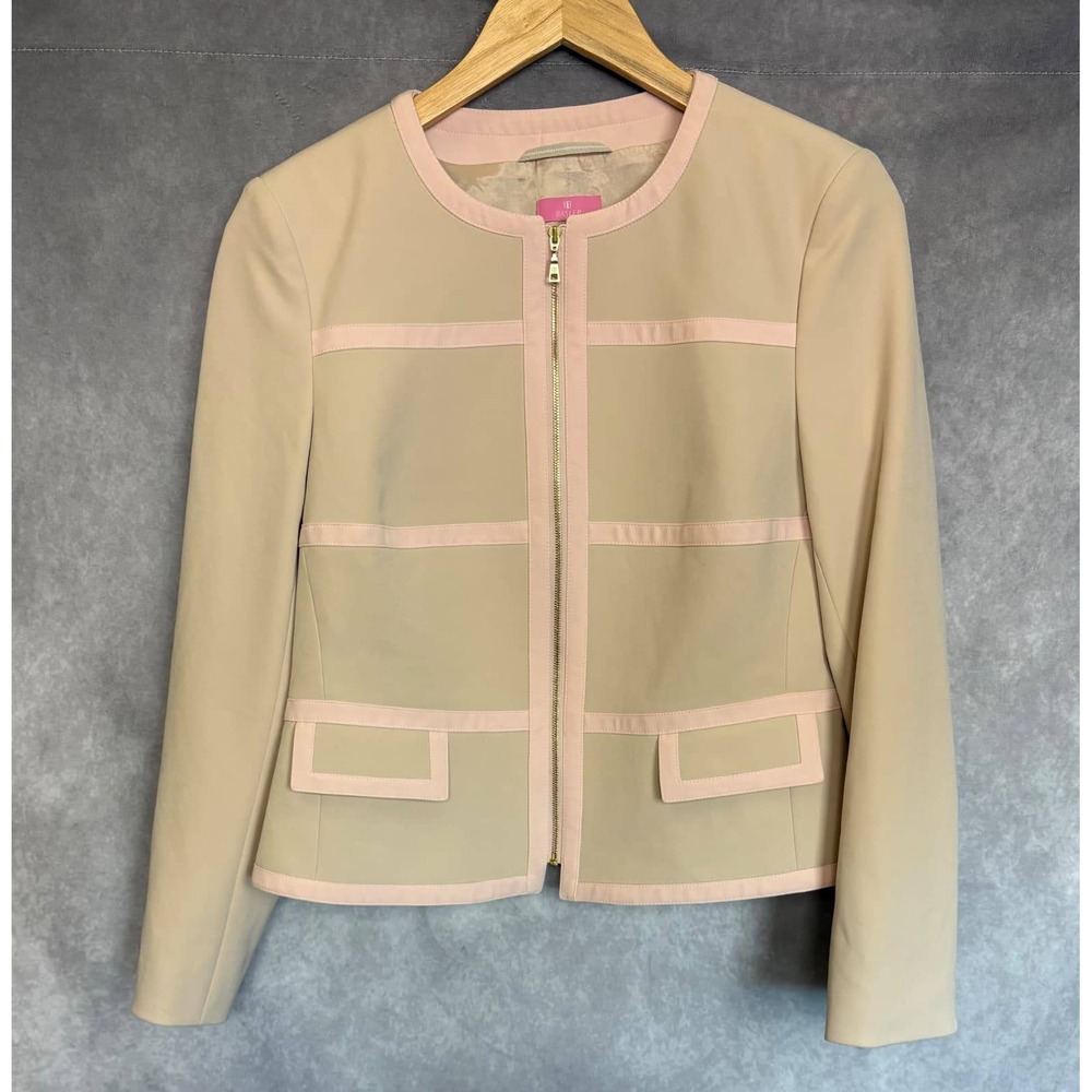 Basler Womens Beige Pink Trim Zip Front Collarless Tailored Jacket Size 40